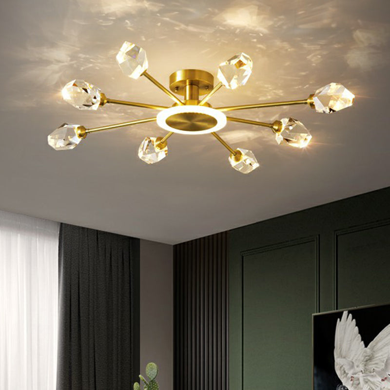 Gold Radial Semi Mount Lighting Postmodern Crystal Block LED Ceiling Light for Bedroom