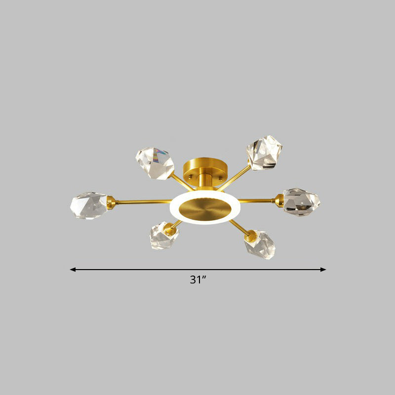 Gold Radial Semi Mount Lighting Postmodern Crystal Block LED Ceiling Light for Bedroom