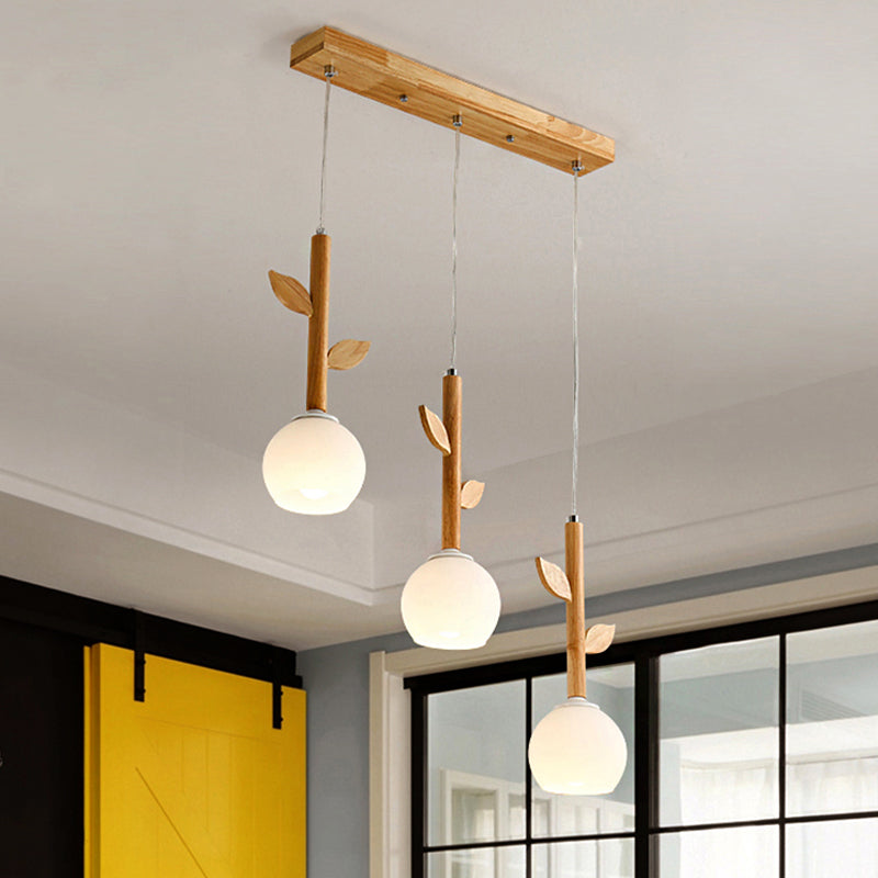 Stile rustico a sospensione bianca Lampada Fiore Fiore 3 Luci a soffitto in vetro Ciondolo con foglia di legno per cucina