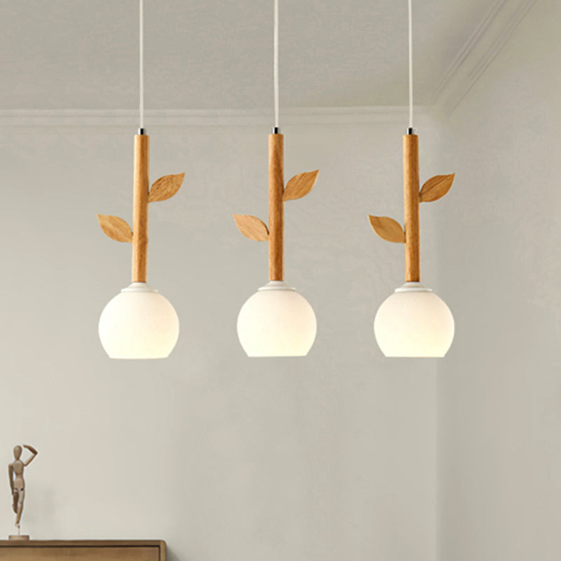 Stile rustico a sospensione bianca Lampada Fiore Fiore 3 Luci a soffitto in vetro Ciondolo con foglia di legno per cucina