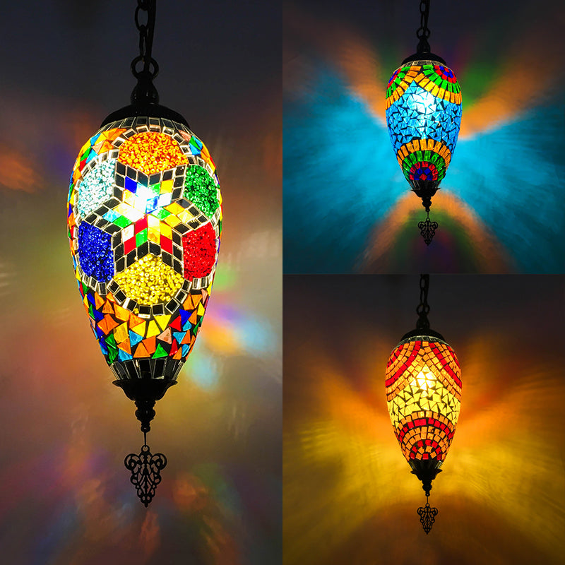 Colorful Glass Teardrop Pendant Lighting Antique 1/3 Heads Suspended Lighting Fixture in Bronze