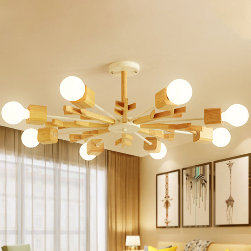 Japanese Style Beige Pendant Light Snowflake Shape Wood Chandelier for Bedroom