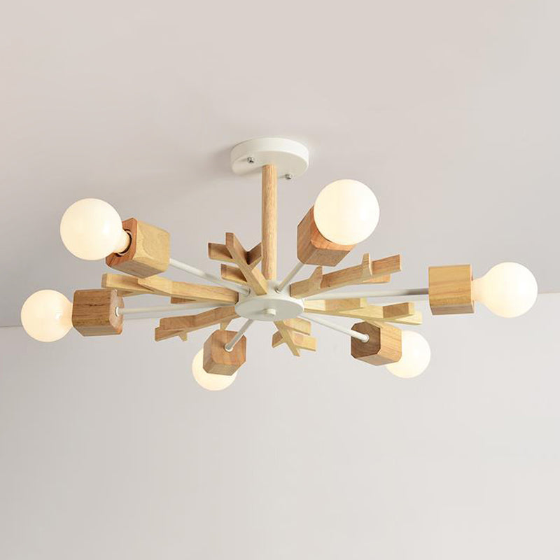 Japanese Style Beige Pendant Light Snowflake Shape Wood Chandelier for Bedroom