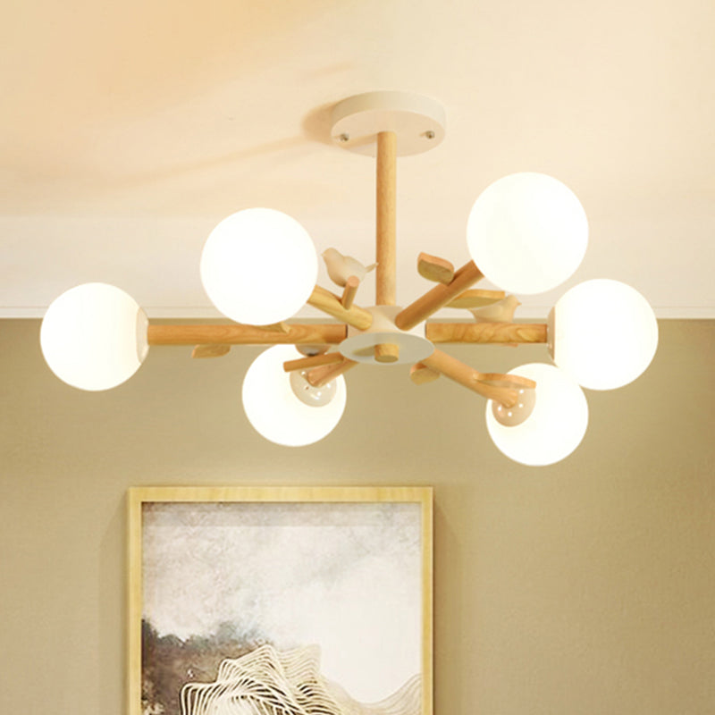 Orb Shade Bedroom Chandelier with Bird Wood Glass Japanese Style Hanging Light in White