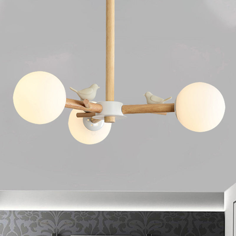 Orb Shade Bedroom Chandelier with Bird Wood Glass Japanese Style Hanging Light in White