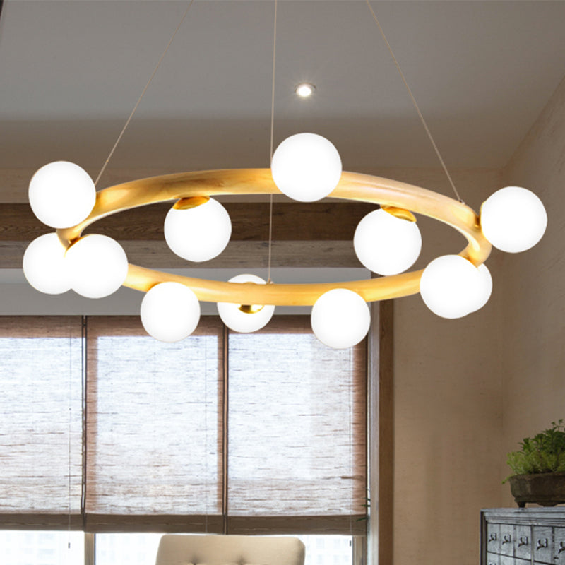 Wood Ring Suspension Light with Bubble Shade Japanese Style Pendant Light in Beige for Study Room