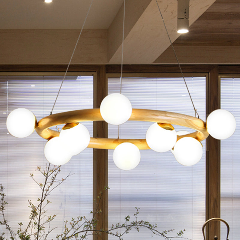 Wood Ring Suspension Light with Bubble Shade Japanese Style Pendant Light in Beige for Study Room