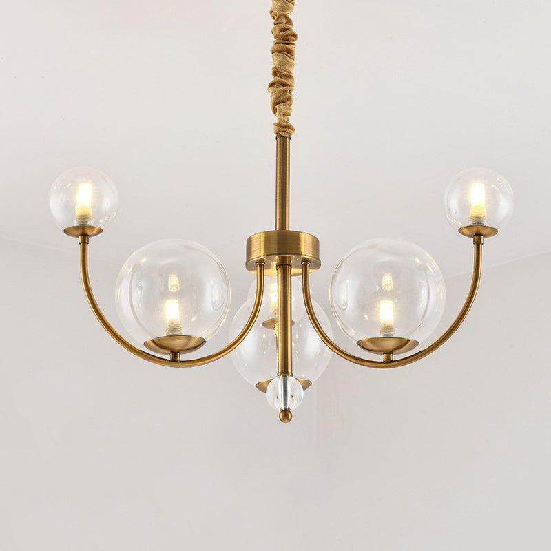 Living Room Arched Arm Chandelier with Globe Glass Shade Metal Elegant Style Gold Pendant Light