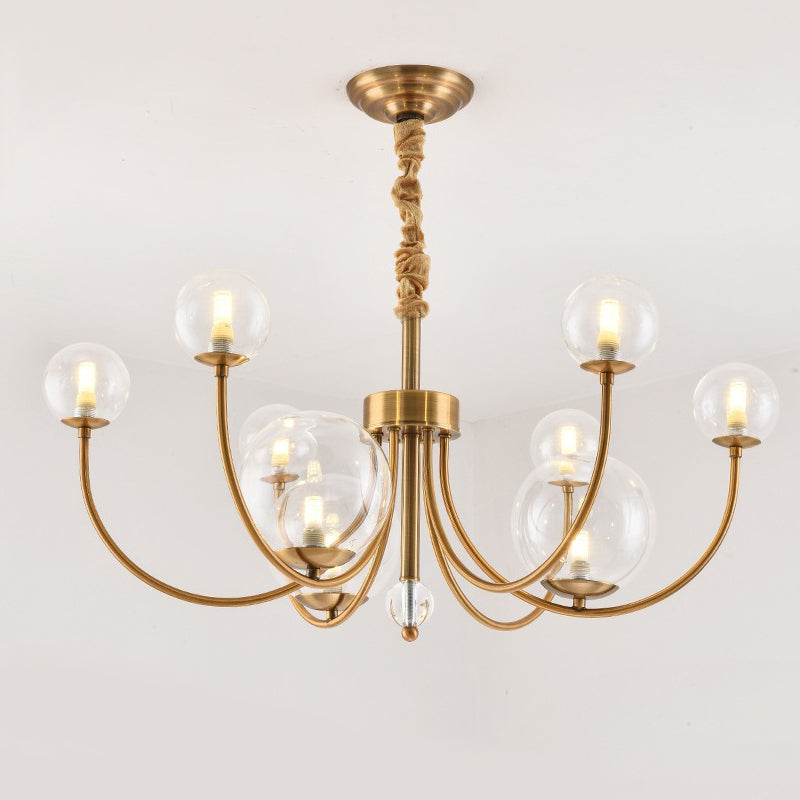 Living Room Arched Arm Chandelier with Globe Glass Shade Metal Elegant Style Gold Pendant Light