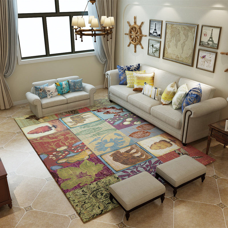 Antique Living Room Rug Multicolored Floral Printed Area Carpet Polypropylene Anti-Slip Washable Indoor Rug