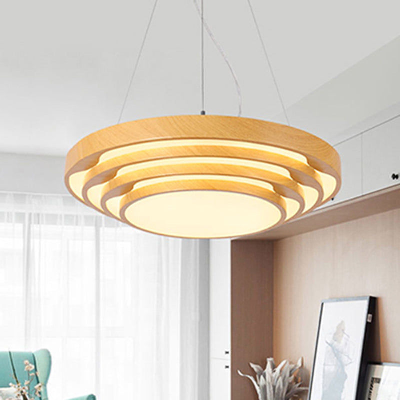 Modern Multi-Layer LED Hanging Pendant Light Wood 1-Light Office Ceiling Fixture in Warm/White Light