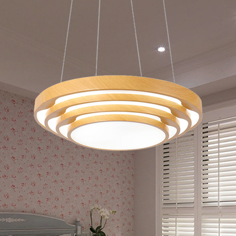 Modern Multi-Layer LED Hanging Pendant Light Wood 1-Light Office Ceiling Fixture in Warm/White Light