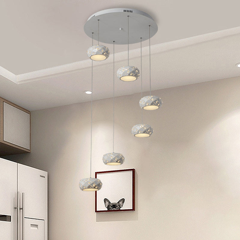 Drum Pendant Light Kit Modern Metal LED White Suspension Lighting in White/Warm Light with Adjustable Cords