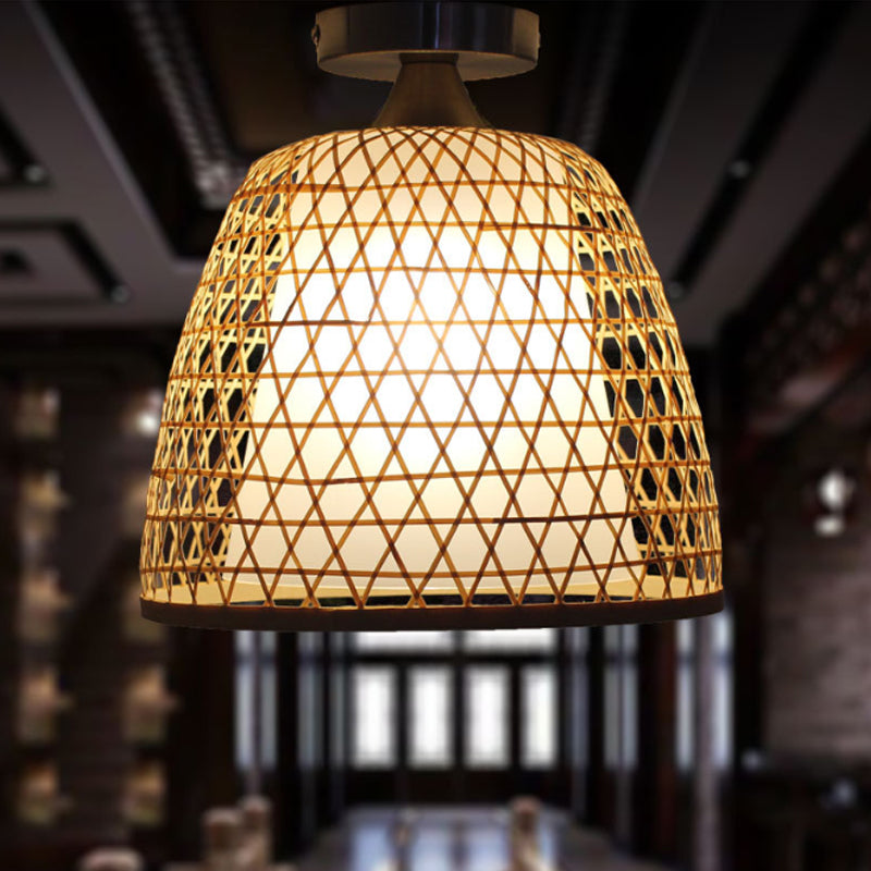 Asian Style Bucket Hanging Light Fixture with Cross Woven Design Bamboo 1 Bulb Bedroom Pendant Lamp