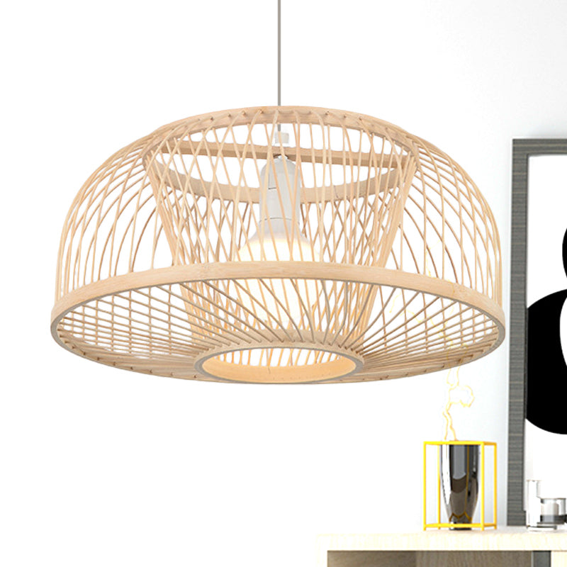 Beige Domed Hanging Ceiling Light Asian Style 1 Head Bamboo Pendant Lighting for Living Room