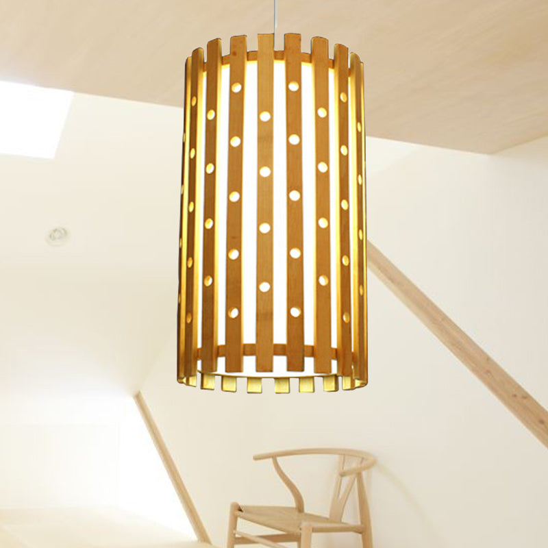 Cylinder Ceiling Light Modern Hollow Bamboo Single Bulb Hanging Lamp in Beige for Living Room