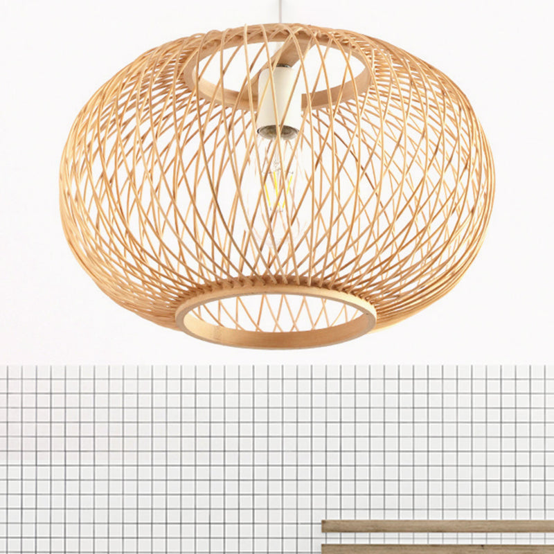 Bamboo Rounded Drum Pendant Lighting Asian Style 1 Bulb Hanging Lamp for Living Room, 16"/19.5" Wide