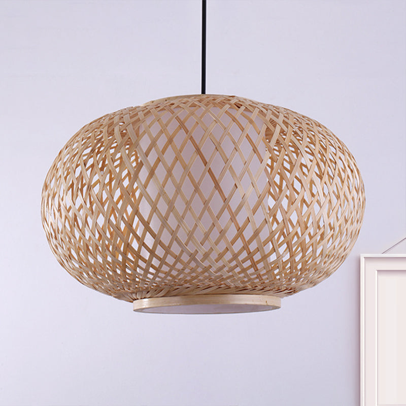 Curved Drum Restaurant Ceiling Fixture Bamboo 1 Light Asian Style Pendant Lighting with Cross Woven Design in Beige