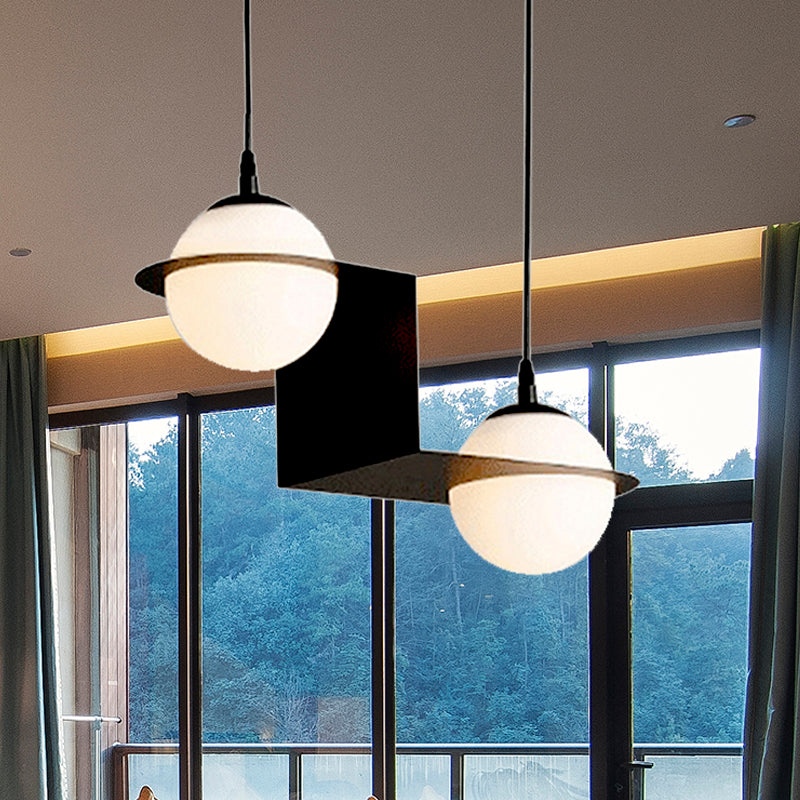 Ball White Glass Cluster Pendant with Straight/Curved Design Modernist 2/3 Lights Black Led Hanging Lamp