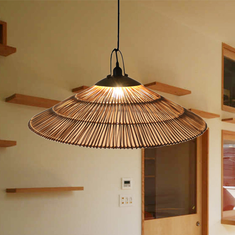 Asian Single Bulb Pendant Lamp with Hand-Woven Rattan Brown Tapered Hanging Light for Restaurant Living Room