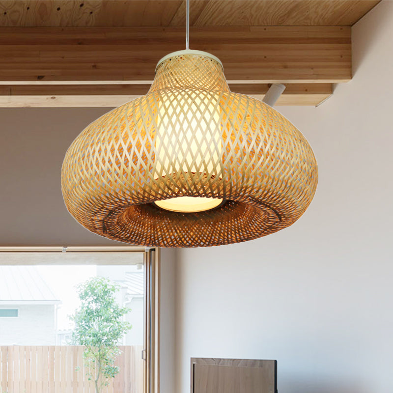 Gourd Shape Bamboo Pendant Light Chinese 1-Light Beige Hanging Light for Restaurant Hotel