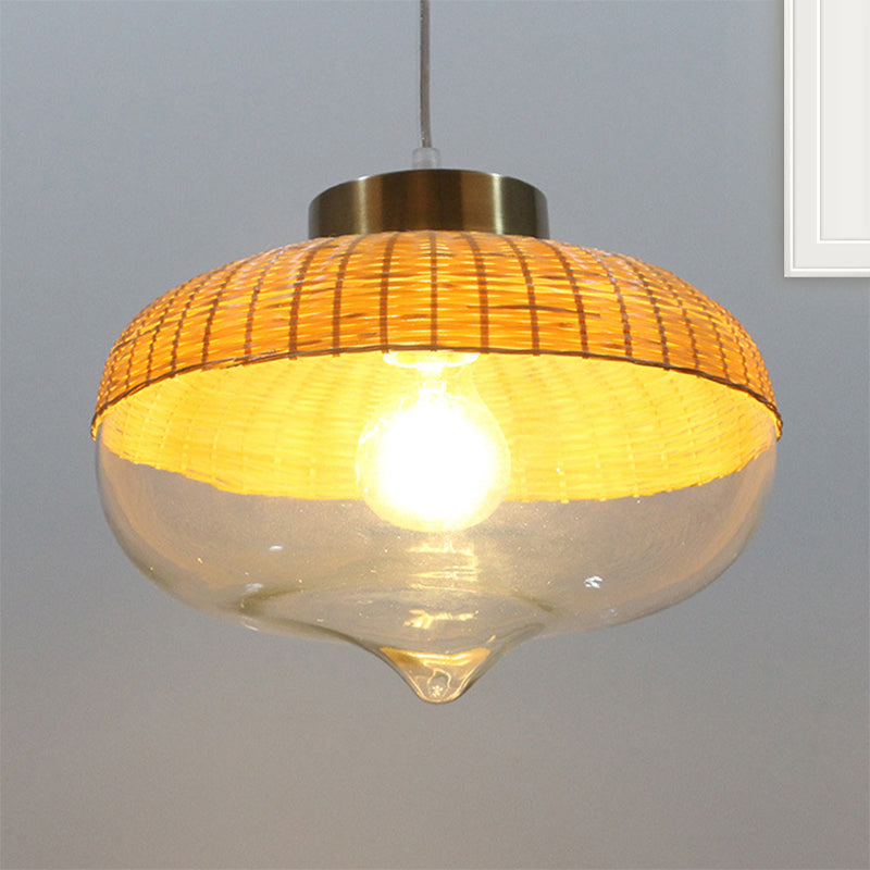 Lampe en larme / oignon de largeur de largeur de largeur pendante à suspension en jaune légère moderne avec une teinte en verre transparent