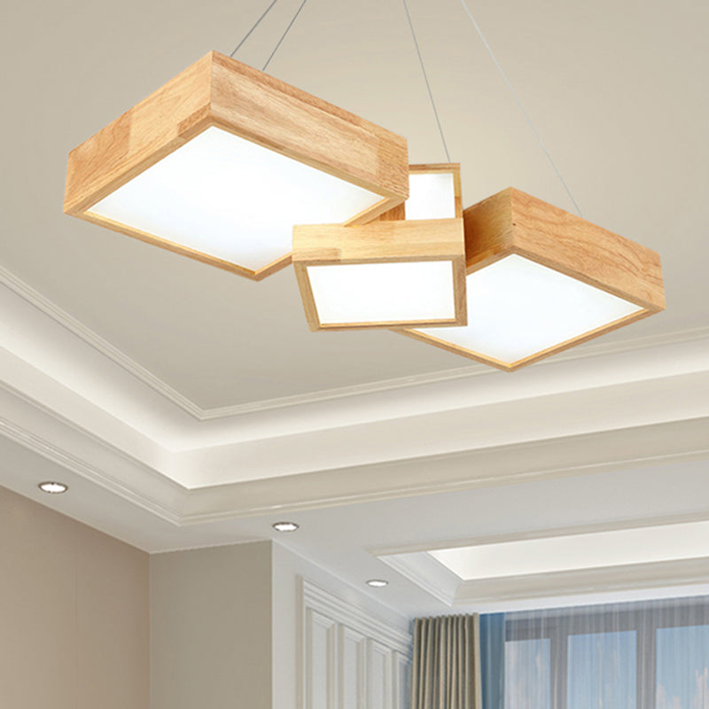 Modern Rhombus/Square LED Chandelier Pendant Wooden 3-Light Bedroom Ceiling Lamp in Warm/White