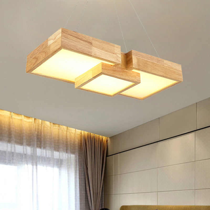 Modern Rhombus/Square LED Chandelier Pendant Wooden 3-Light Bedroom Ceiling Lamp in Warm/White