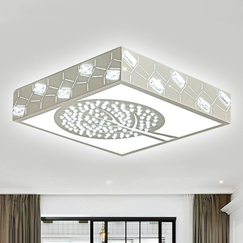 Square Box Flush Mount Lighting Nordic Metal LED Bedroom Ceiling Lamp with Crystal Bead in White / Warm Light with Tree Pattern