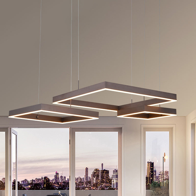 Square Chandelier Light Contemporary Acrylic LED 2/3 Lights Brown Bedroom Ceiling Pendant in Warm/White Light