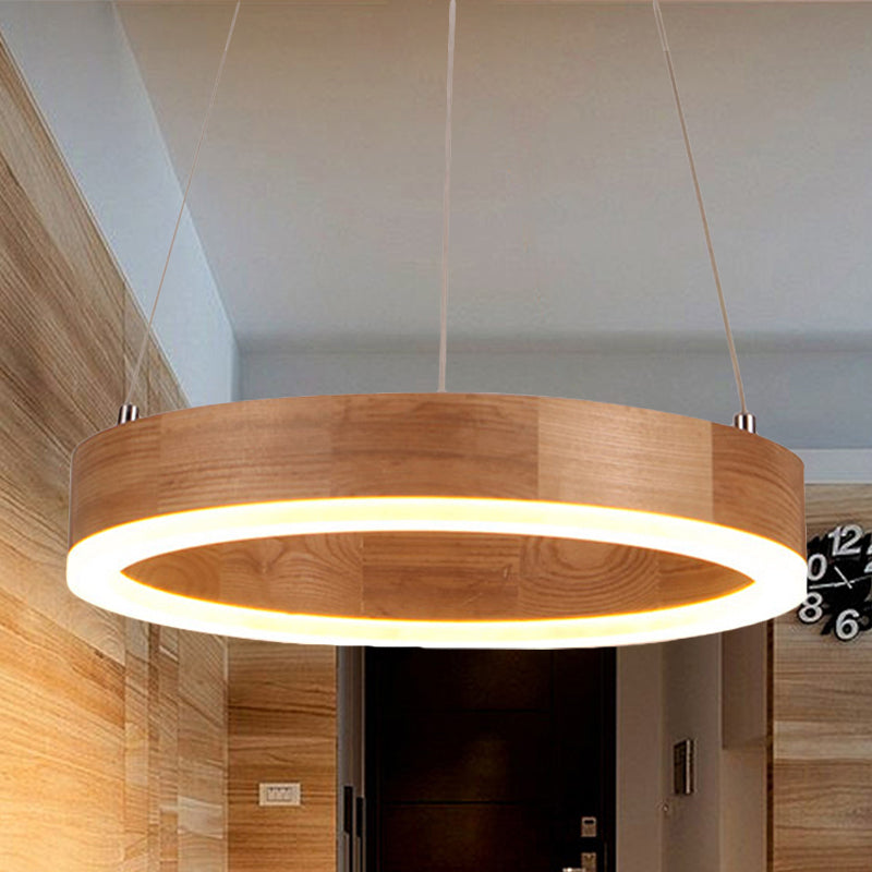 Wood Ring LED Chandelier Light Modern 1/2/3-Light Beige Drop Pendant Fixture for Dining Room