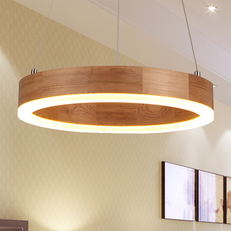 Wood Ring LED Chandelier Light Modern 1/2/3-Light Beige Drop Pendant Fixture for Dining Room