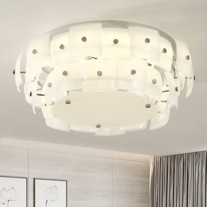 2-Tier Drum Flush Mount Lighting Modern White Glass Multi Lights Living Room Flush Ceiling Lamp Fixture