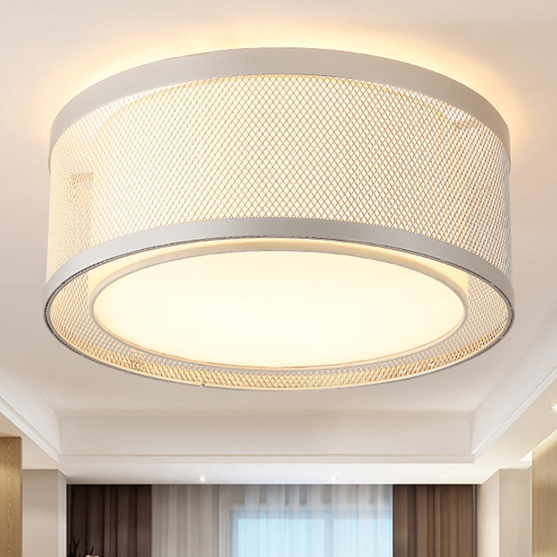 Net Metal Drum Flush Mount Verlichting Hedendaagse 4 Lichten Zilveren flush plafond lamp fixture met Frosted Diffuser