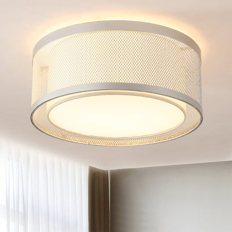 Net Metal Drum Flush Mount Lighting Contemporary 4 Lights Silver Flush Ceiling Lamp Fixture with Frosted Diffuser