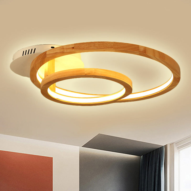 18.5"/23" Wide 2-Tier Ring Wood Semi Flush Mount Modernist Led Brown Semi Flush Mount Light for Bedroom in Warm Light