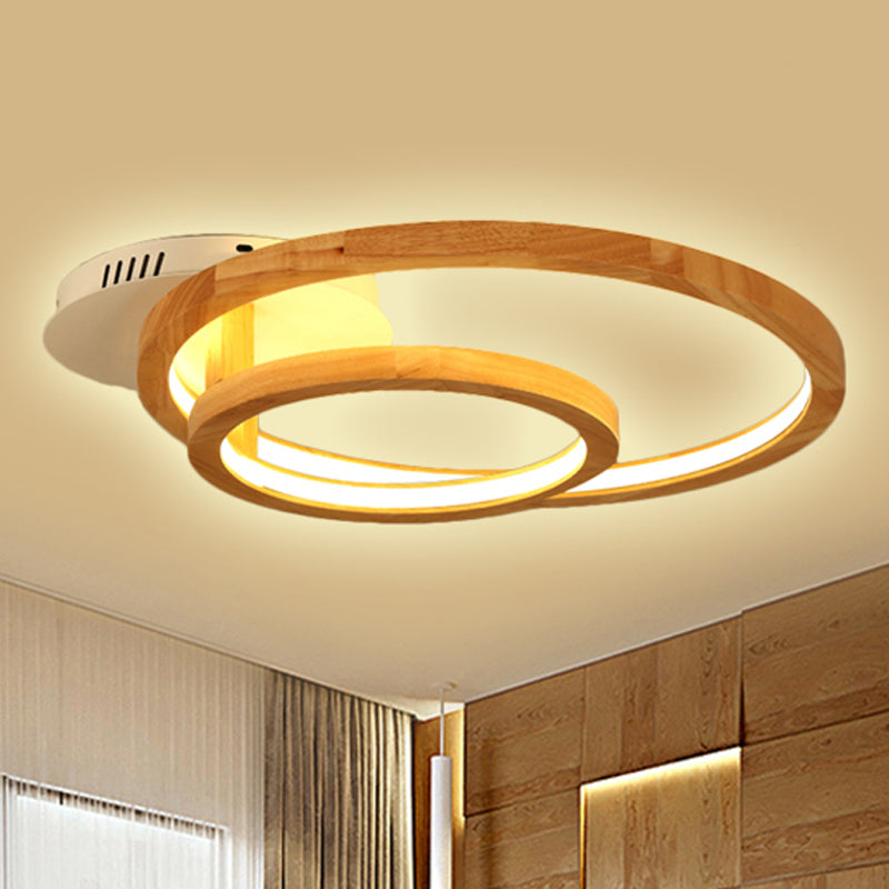 18.5"/23" Wide 2-Tier Ring Wood Semi Flush Mount Modernist Led Brown Semi Flush Mount Light for Bedroom in Warm Light