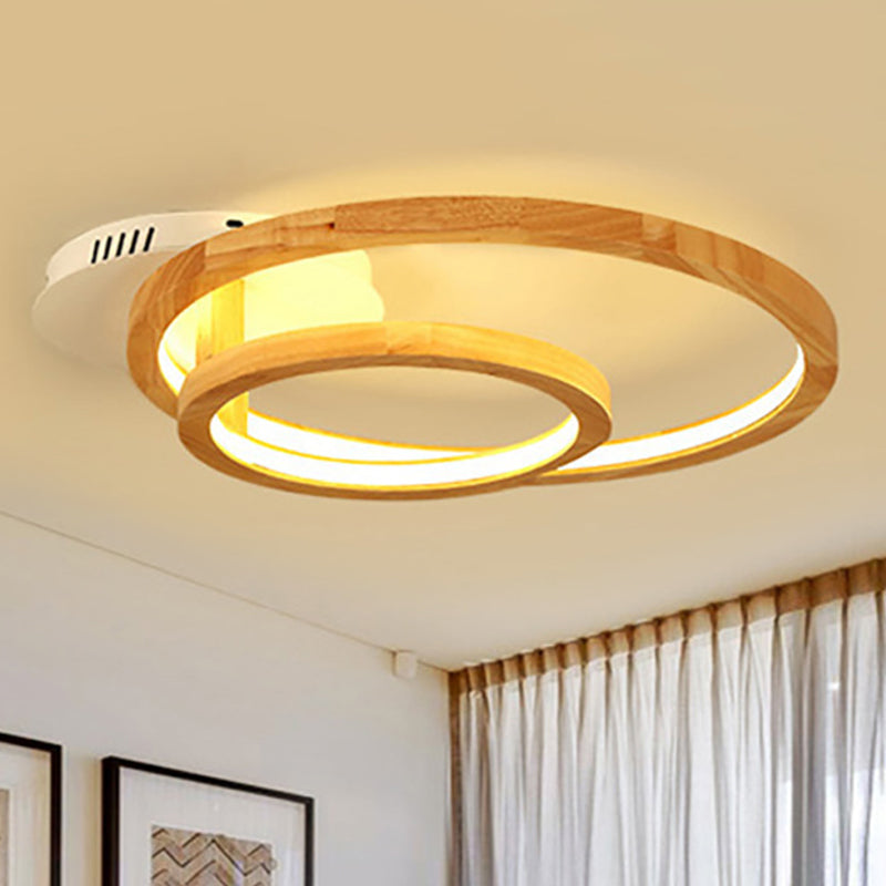 18.5"/23" Wide 2-Tier Ring Wood Semi Flush Mount Modernist Led Brown Semi Flush Mount Light for Bedroom in Warm Light