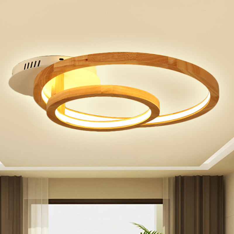 18.5"/23" Wide 2-Tier Ring Wood Semi Flush Mount Modernist Led Brown Semi Flush Mount Light for Bedroom in Warm Light