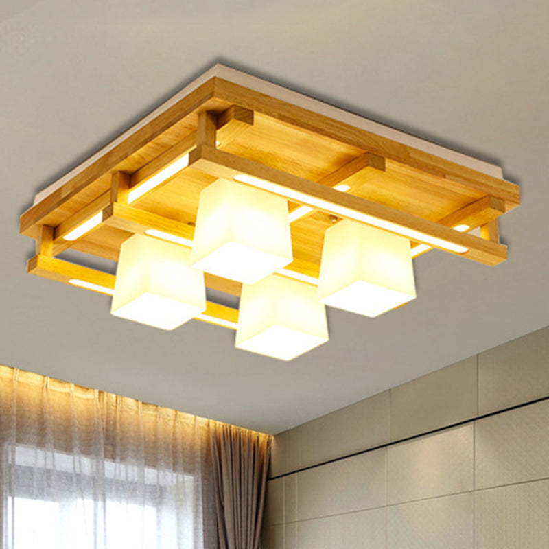 Iluminación empotrada cuadrada de madera, luz modernista de 1/4/9 luces, luz LED empotrada marrón con pantalla cúbica de vidrio blanco en luz blanca/cálida