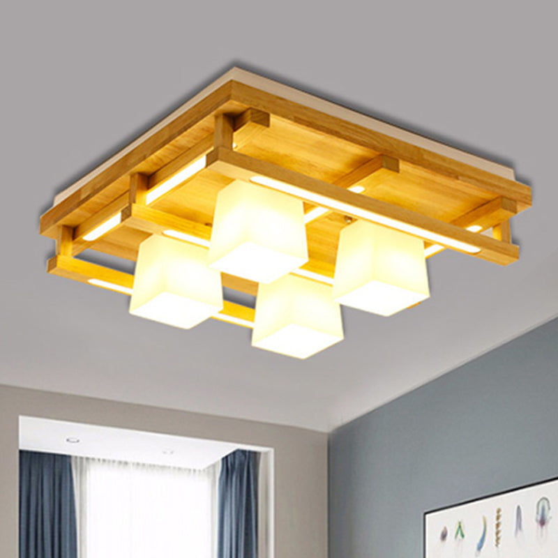 Iluminación empotrada cuadrada de madera, luz modernista de 1/4/9 luces, luz LED empotrada marrón con pantalla cúbica de vidrio blanco en luz blanca/cálida