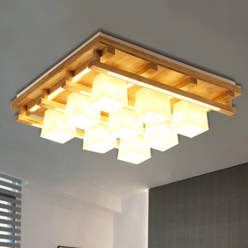 Quadratische Unterputzleuchte aus Holz, modernistisch, 1/4/9 Lichter, braune LED-Unterputzleuchte mit kubischem Lampenschirm aus weißem Glas in weißem/warmem Licht