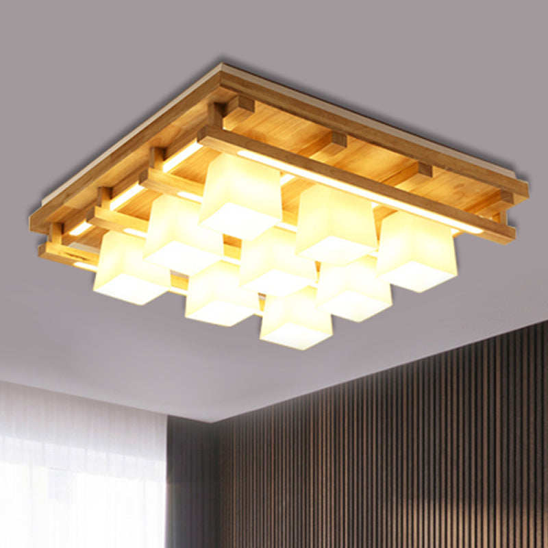 Iluminación empotrada cuadrada de madera, luz modernista de 1/4/9 luces, luz LED empotrada marrón con pantalla cúbica de vidrio blanco en luz blanca/cálida