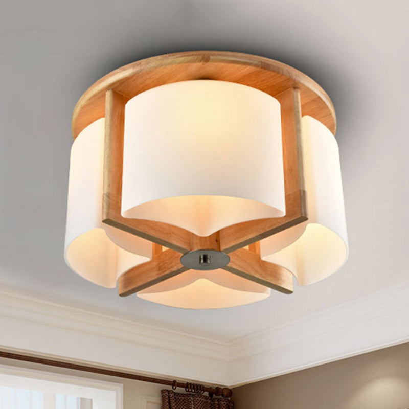 4/6 Lights Bedroom Flush Mount with Cylinder Wood Shade Modernist Brown Flush Ceiling Light Fixture