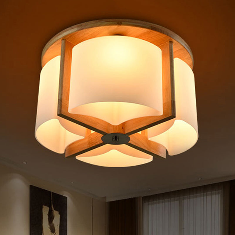 4/6 Lights Bedroom Flush Mount with Cylinder Wood Shade Modernist Brown Flush Ceiling Light Fixture