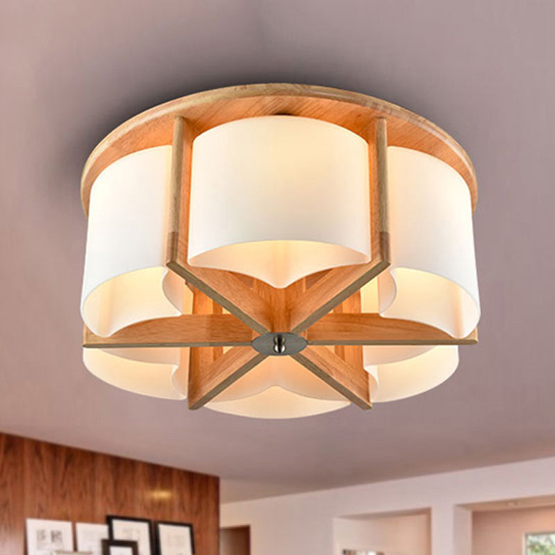 4/6 Lights Bedroom Flush Mount with Cylinder Wood Shade Modernist Brown Flush Ceiling Light Fixture