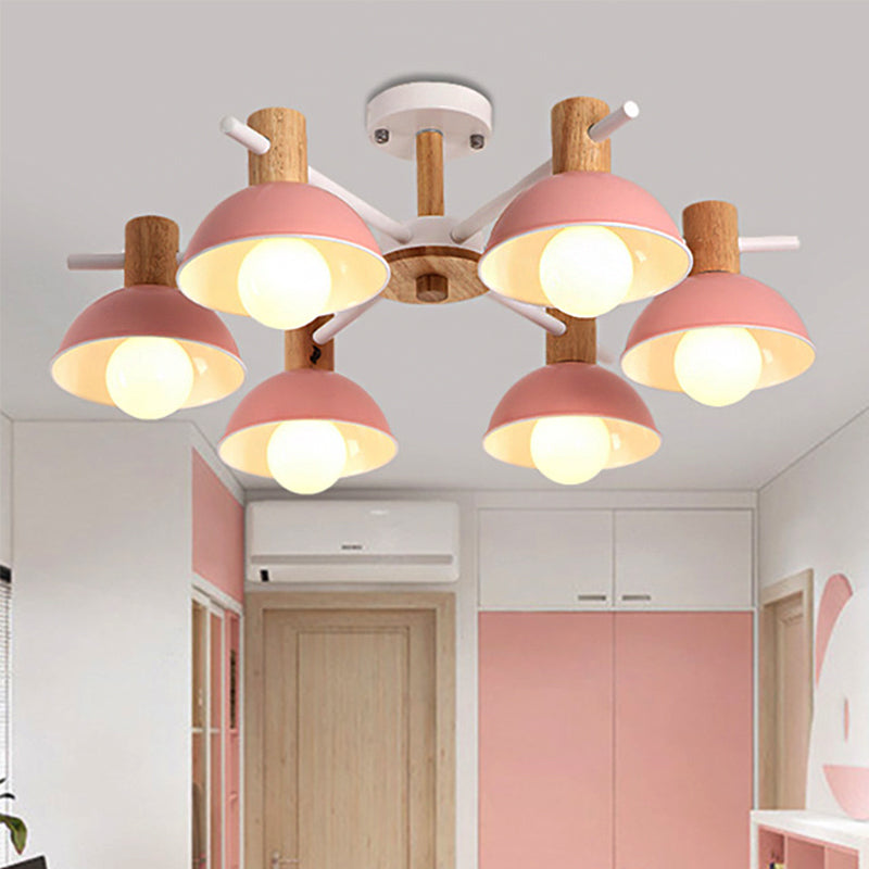 Pink/Green Dome Chandelier Lighting with Radial Design Modernist 6 Lights Rubber Led Hanging Lamp Fixture