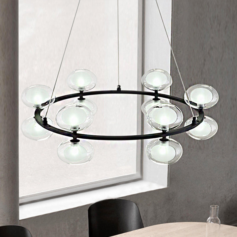 Metal Circular Chandelier Lamp Contemporary 8/12 Lights Black Led Hanging Pendant Light with Clear Glass Oval Shade