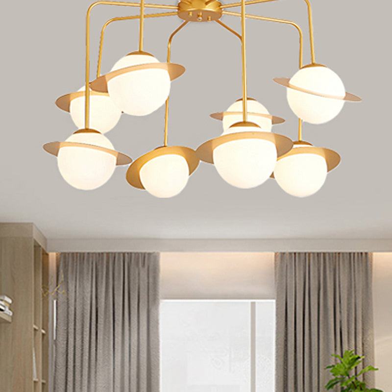 Metal Radial Chandelier Lamp Contemporary 8 Lights Gold/Chrome Led Hanging Ceiling Light Fixture with White Glass Globe Shade