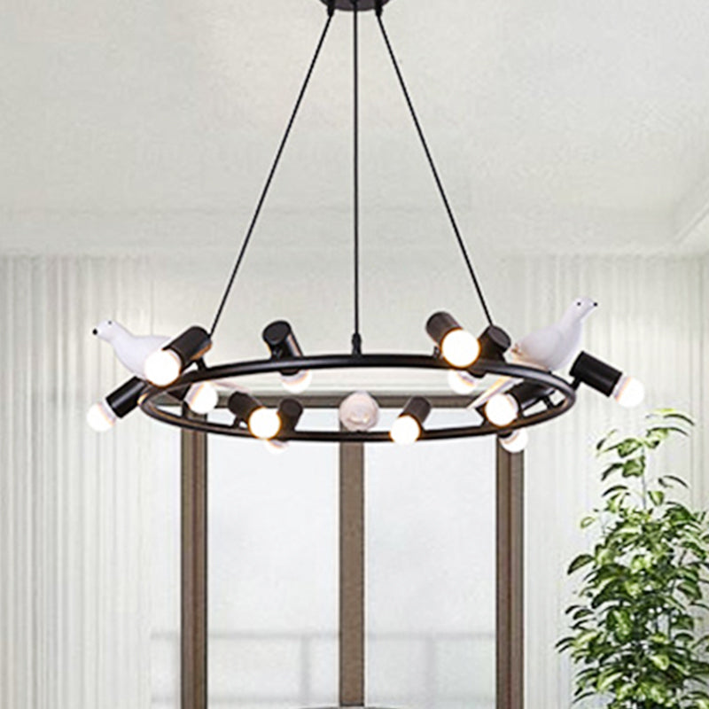 Modern Ring Pendant Chandelier Metal 6/8 Lights Dining Room Hanging Ceiling Light in Black with Bird Ornament